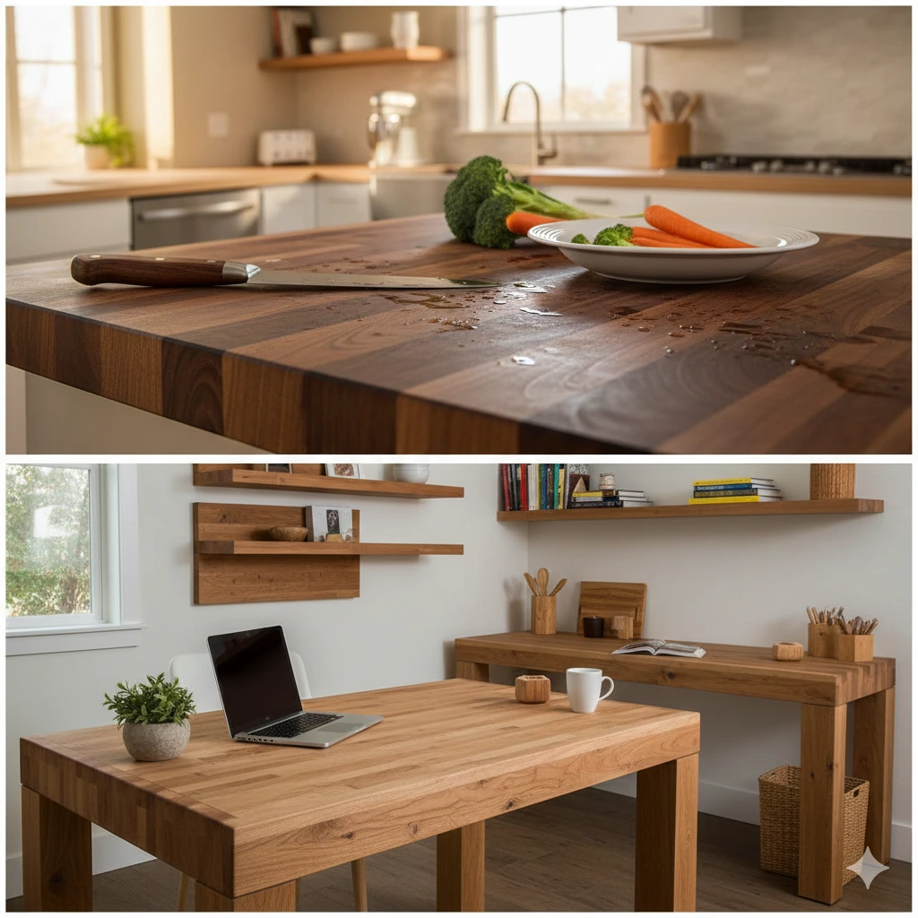 A modern home office setup featuring a large, thick butcher block slab used as a custom desk surface, showcasing its versatility.