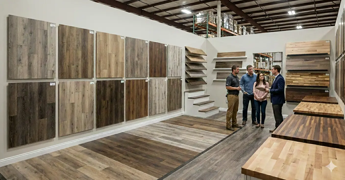 Premium butcher block and LVP collections at Wholesale Flooring Atlanta distributor