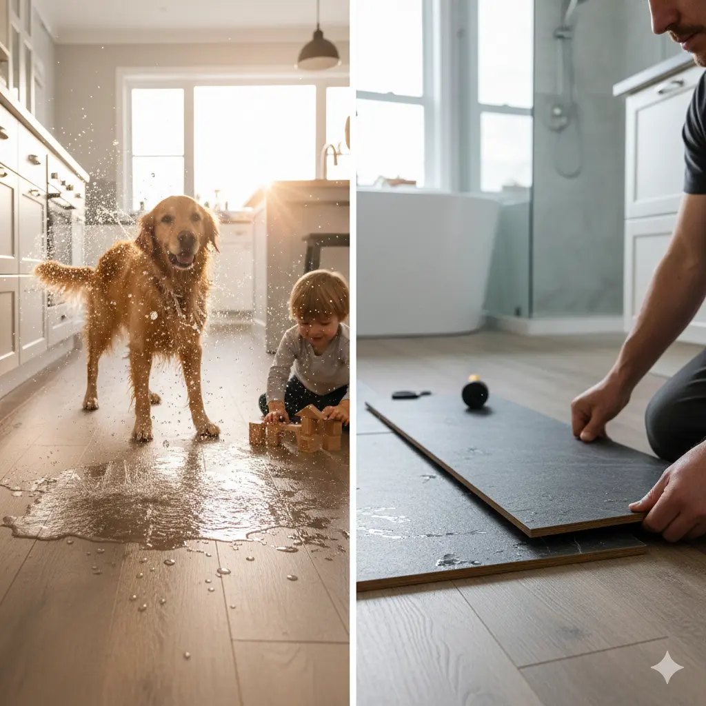 A golden retriever dog and a child playing on LVP flooring with water splashed everywhere, demonstrating the flooring's waterproof and pet-friendly properties.